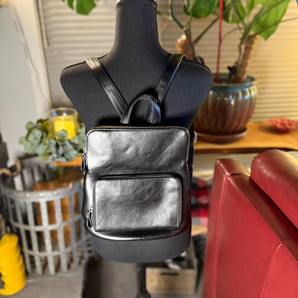 Classic Black Leather Mini Backpack - Unbranded
